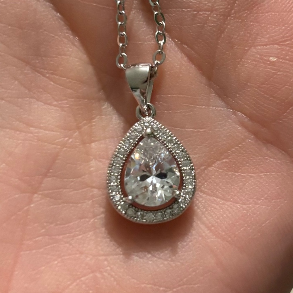 Adina Eden Silver Pear Teardrop Halo CZ Necklace - Silver - Picture 2 of 2